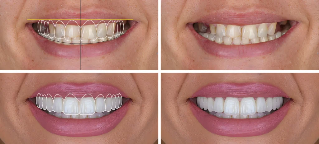 Four-panel digital smile design preview of a patient's smile