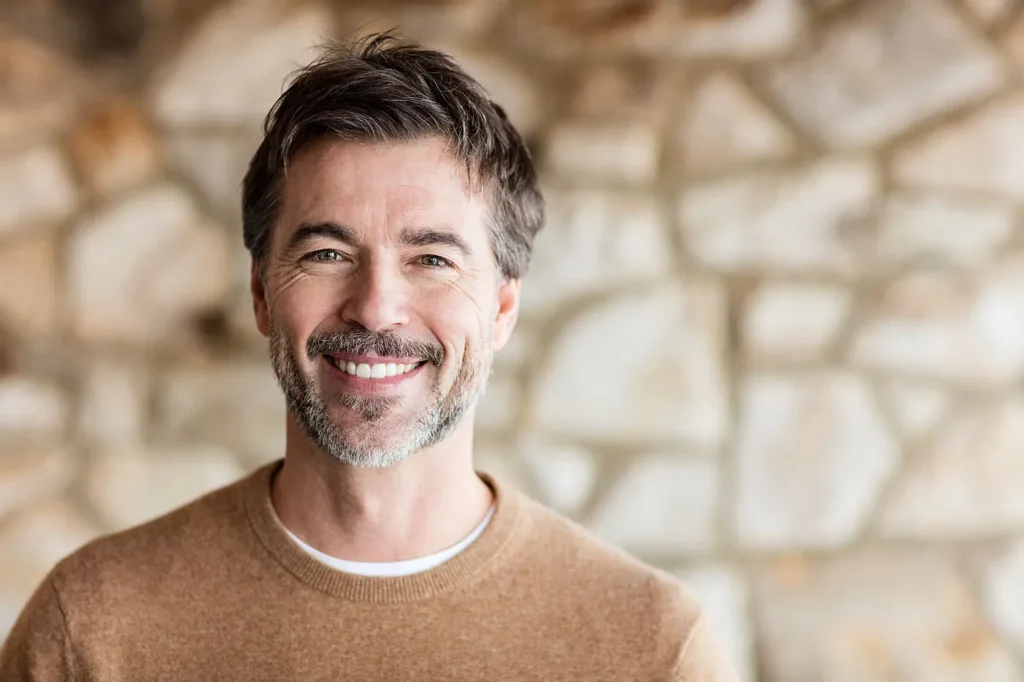 Smiling middle-aged man with a beard in front of a stone wall