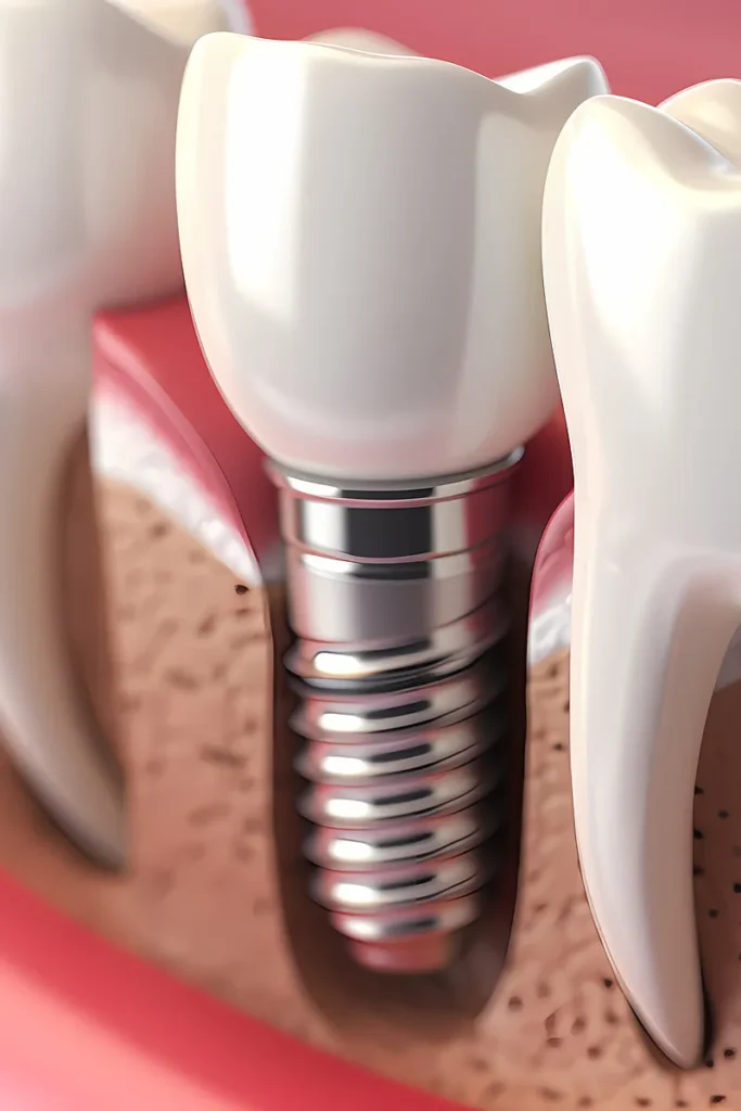 Close-up illustration of a dental implant in the jawbone beside a natural tooth