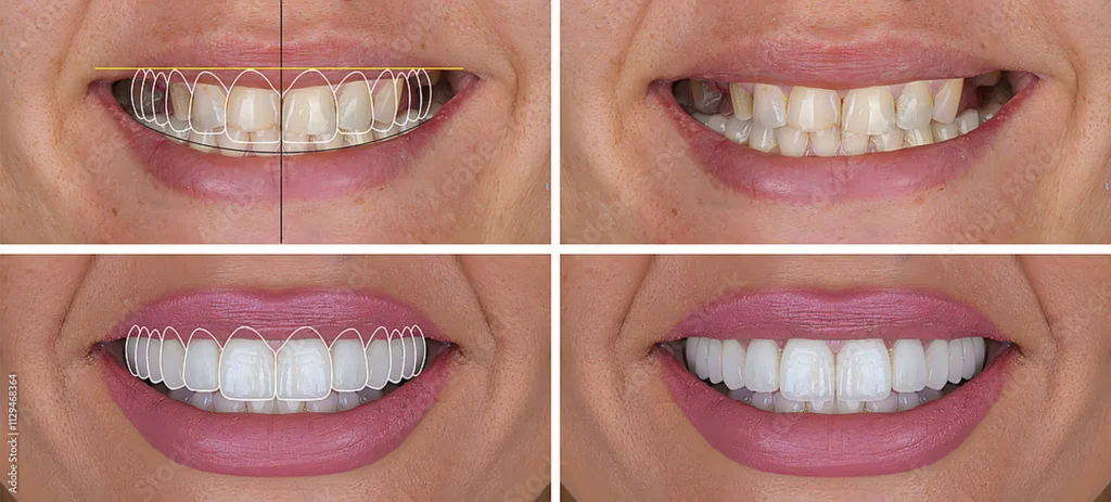 Four-panel before and after smile makeover images