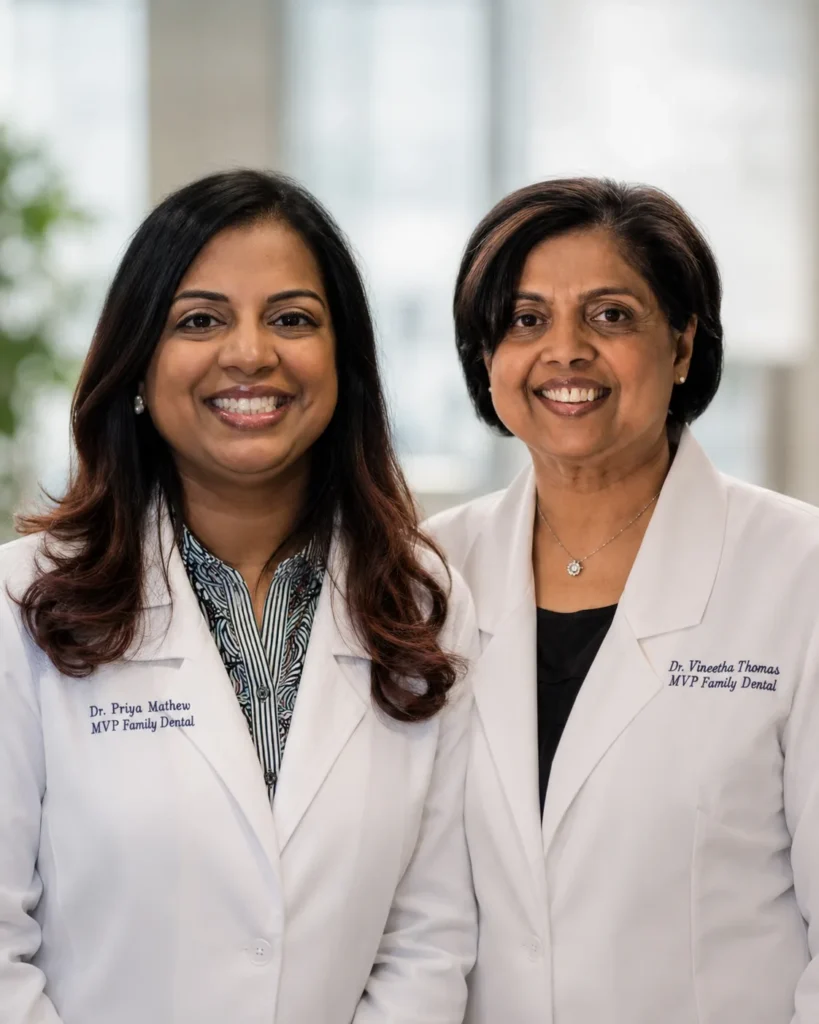 Dr. Priya Mathew and Dr. Vineetha Thomas together in white MVP Family Dental coats