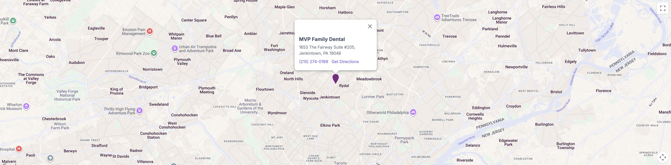 Map showing MVP Family Dental at 1653 The Fairway Suite #205, Jenkintown, PA 19046